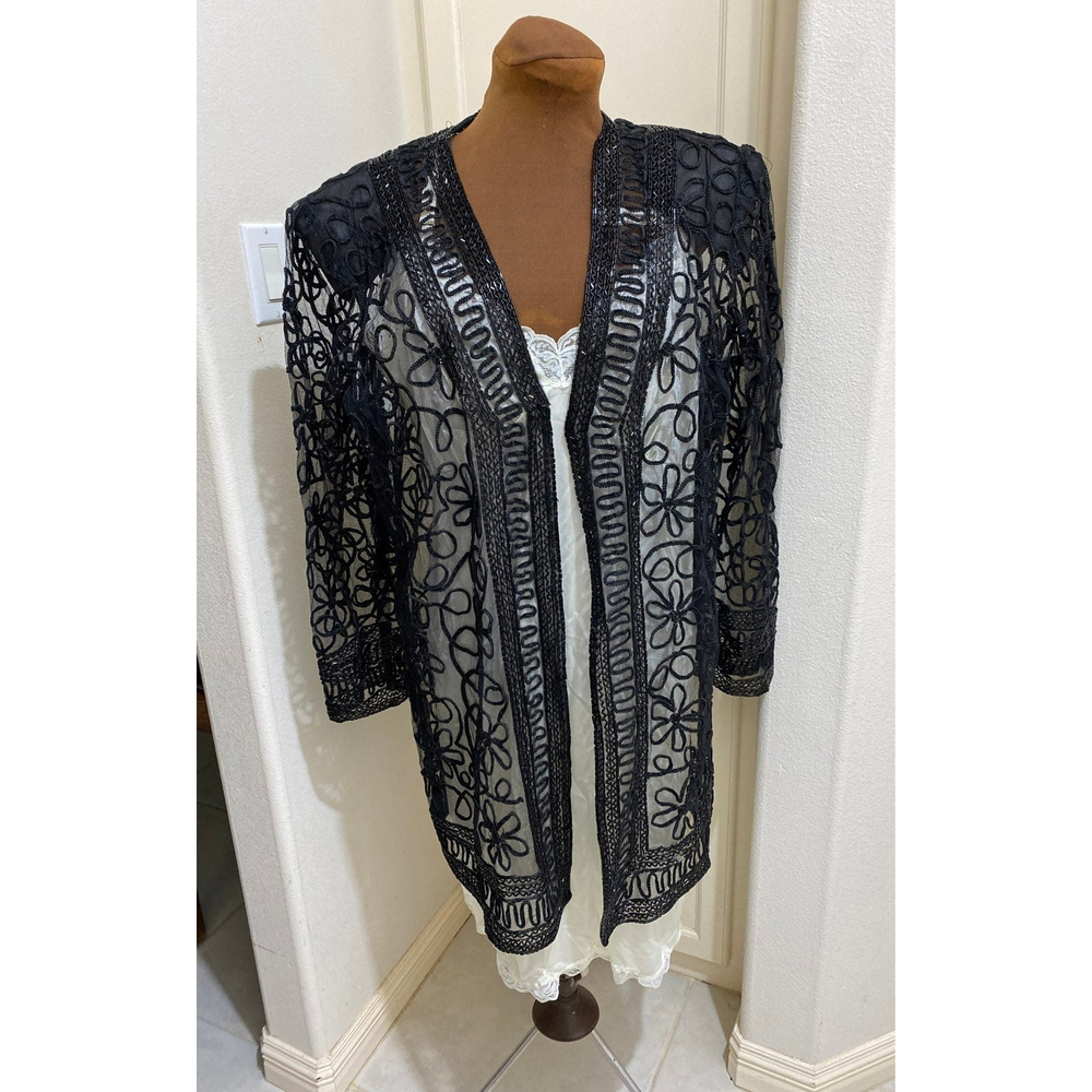 Lace/ Black Bugle Glass Seed Beads/ Cardigan Size 4XL